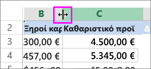 αλλαγή πλάτους στήλης