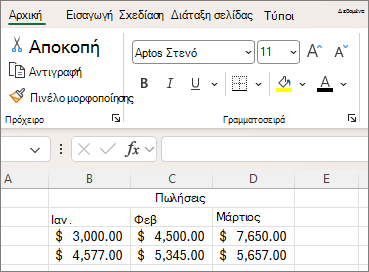 Στιγμιότυπο οθόνης των κουμπιών ρύθμισης γραμματοσειράς στην κορδέλα.