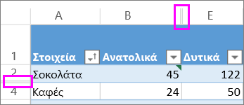 Οι διπλές γραμμές μεταξύ γραμμών και στηλών υποδεικνύουν κρυφές γραμμές ή στήλες