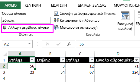 Χρήση της επιλογής αλλαγής μεγέθους πίνακα από τα Εργαλεία πίνακα