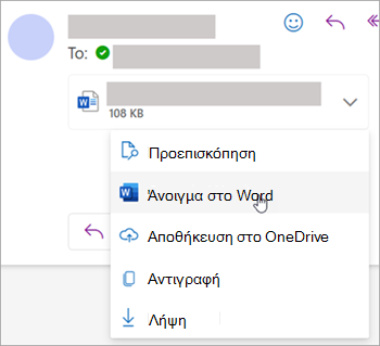 Στιγμιότυπο οθόνης που εμφανίζει το αναπτυσσόμενο μενού για να ανοίξετε ένα συνημμένο στο Word