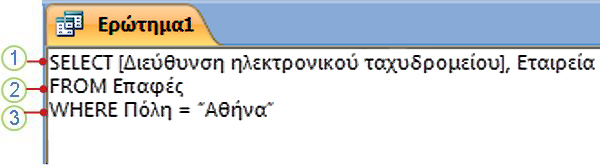 Καρτέλα αντικειμένου SQL που παρουσιάζει μια πρόταση SELECT