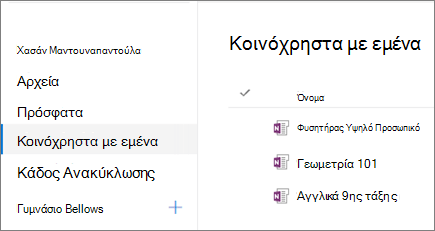 Στιγμιότυπο οθόνης με ονόματα σημειωματαρίων.