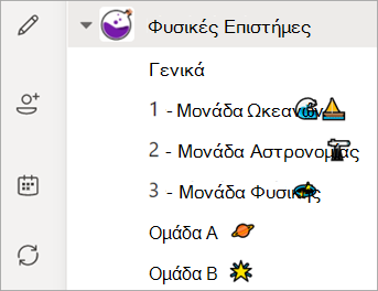 Στιγμιότυπο οθόνης που εμφανίζει τη λίστα καναλιών της ομάδας τάξης.