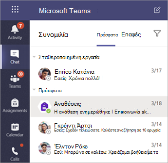 Στιγμιότυπο οθόνης που εμφανίζει ιδιωτικές συνομιλίες μαθητών στο Teams.