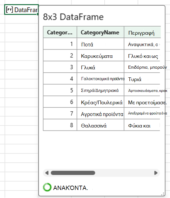 Μια ανοιχτή κάρτα Python στο Excel DataFrame που εμφανίζει δεδομένα κατηγορίας.