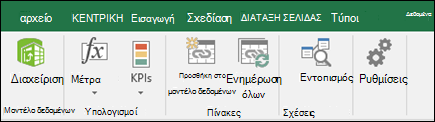 Μενού PowerPivot στην Κορδέλα του Excel