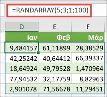 Συνάρτηση RANDARRAY με ορίσματα Min, Max & Decimal όρισμα