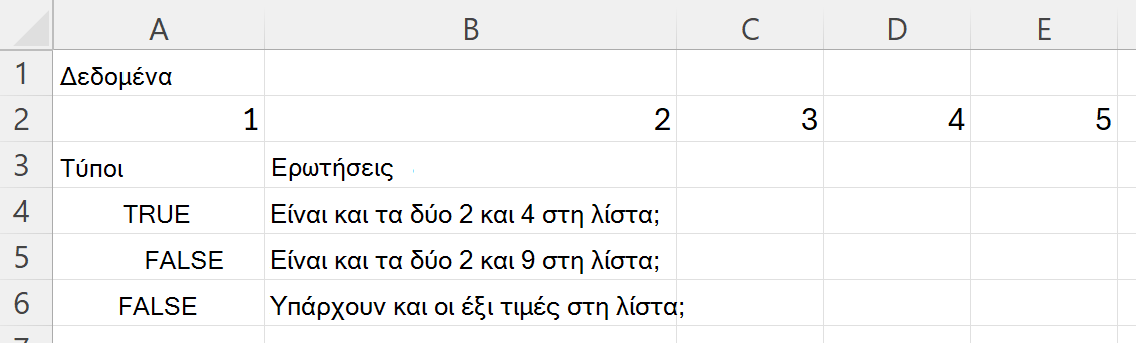 Χρήση της συνάρτησης HASALL για έλεγχο εάν μια περιοχή περιέχει κάθε τιμή ενός συνόλου
