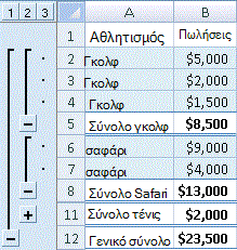 Λίστα του Excel με μερικά αθροίσματα αθλημάτων και γενικό σύνολο