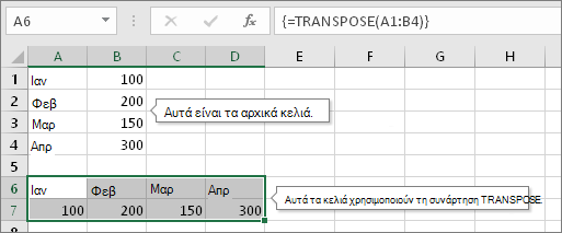 Τα αρχικά κελιά επάνω, τα κελιά με τη συνάρτηση TRANSPOSE κάτω