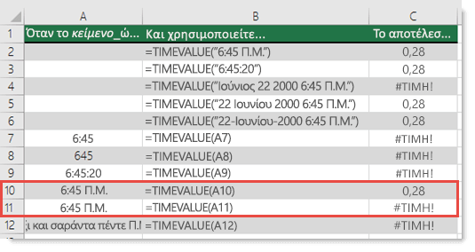 Αποτέλεσμα διαφόρων συναρτήσεων TIMEVALUE