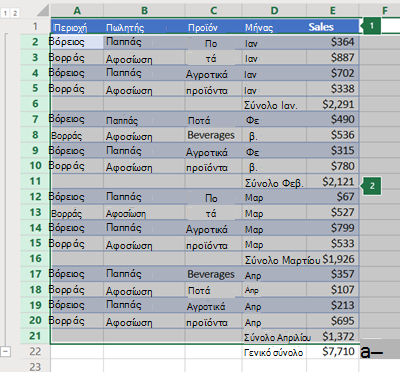 Διάταξη γραμμών στο Excel Online