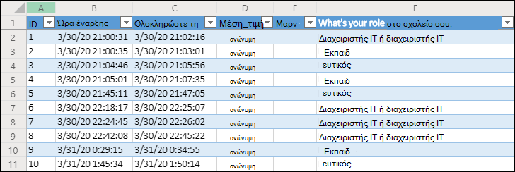 Βιβλίο εργασίας του Excel όπου εμφανίζονται τα αποτελέσματα της έρευνας