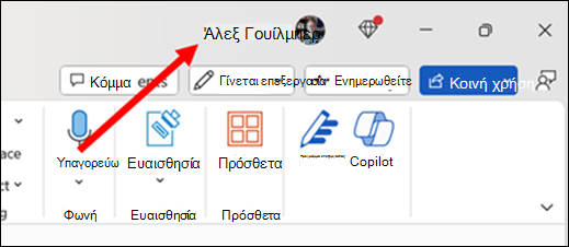 Μια εικόνα με ένα κόκκινο βέλος που δείχνει προς το τρέχον κύριο όνομα χρήστη, το οποίο βρίσκεται στη γραμμή τίτλου της εφαρμογής προς την επάνω δεξιά γωνία του παραθύρου.