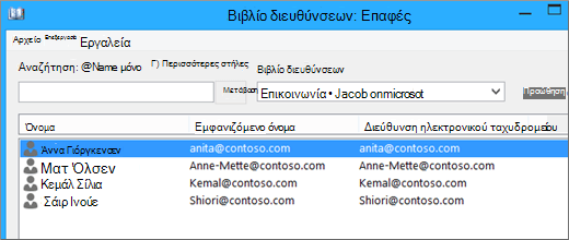 Μετά την εισαγωγή των επαφών σας από το Google Gmail στο Office 365, θα εμφανίζονται σε λίστα στο Βιβλίο διευθύνσεων: Επαφές