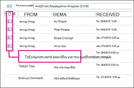 Ταξινόμηση κατά εικονίδιο για την ομαδοποίηση των επαφών στο φάκελο 