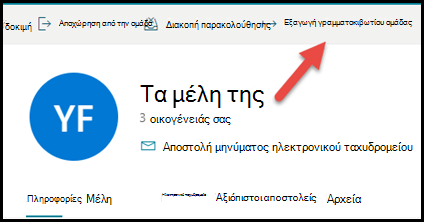 Η κάρτα ομάδας σε Outlook.com με ένα βέλος που δείχνει προς τα επάνω και προς τα δεξιά στην επιλογή 