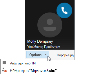 Στιγμιότυπο οθόνης με μια ειδοποίηση κλήσης όπου είναι ανοικτό το μενού 
