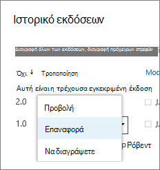 Μενού στοιχείων έκδοσης
