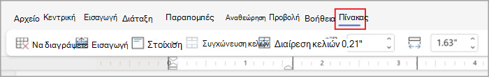 Καρτέλες πίνακα στην απλοποιημένη κορδέλα