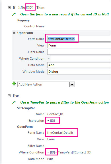 Places where you might need to edit the sample macro to match your databases identifier names.