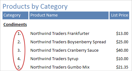 Numbering the items in a report