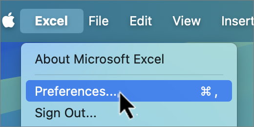 Mac menu bar showing Excel Preferences