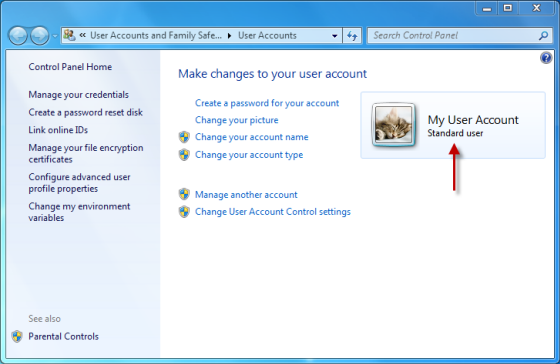 Your user account type is listed beside your user account picture