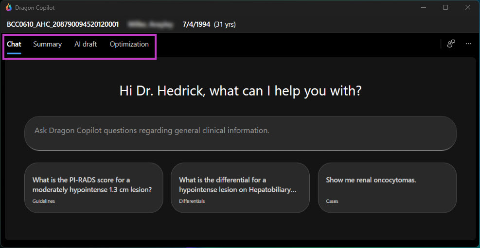 Screenshot shows active Chat feature in Dragon Copilot with Chat, Summary, AI draft, and Optimization tabs highlighted.