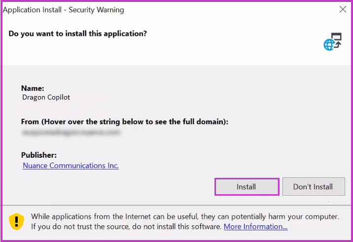 Screenshot of Dragon Copilot installation screen with install button highlighted.