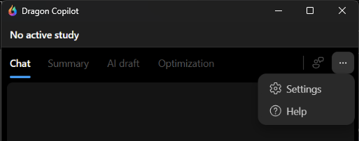 Screenshot shows Dragon Copilot with no active study and settings and help options from ellipsis menu.