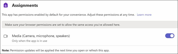Screenshot of Teams settings after selecting App Permissions. a setting called Media is shown with the toggle on.