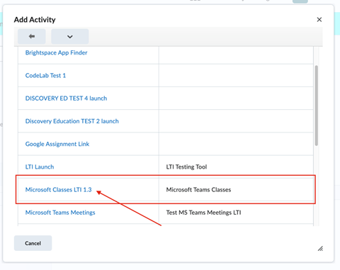 Screenshot of a D2L Brightspace course highlighting the button to add Microsoft Classes in the Existing Activities, External Learning Tools section.