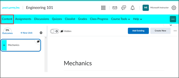 Screenshot of the LMS D2L Brightspace highlighting the Select Content button on a class.