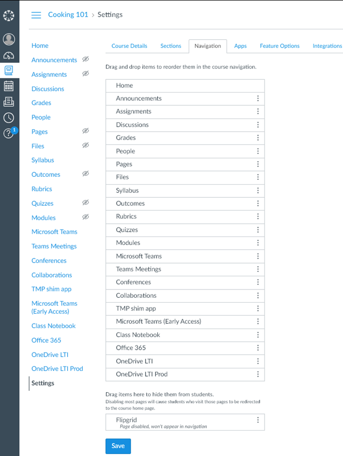 Canvas menu with course navigation