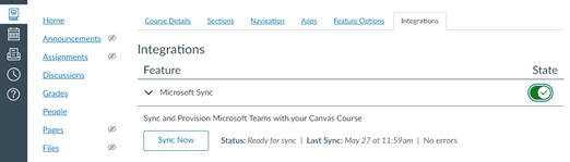 Integration tab with feature to Microsoft Sync