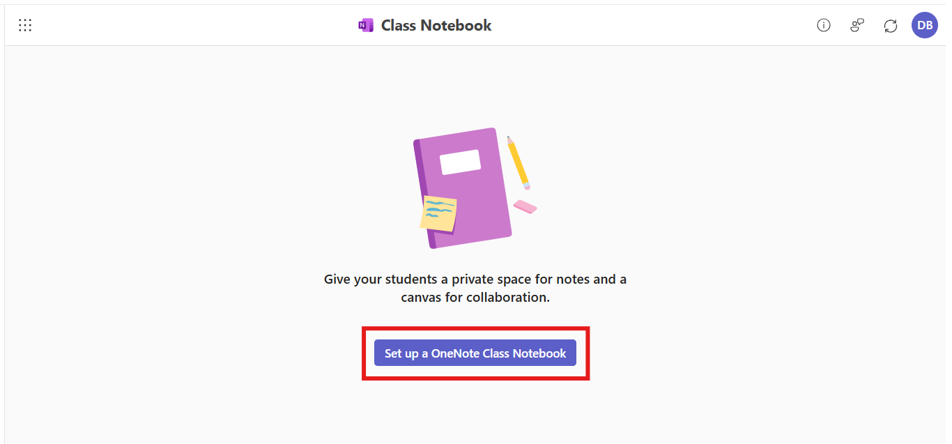 The Class Notebook app is open in the M365 LTI integration. The user is prompted to create a new notebook