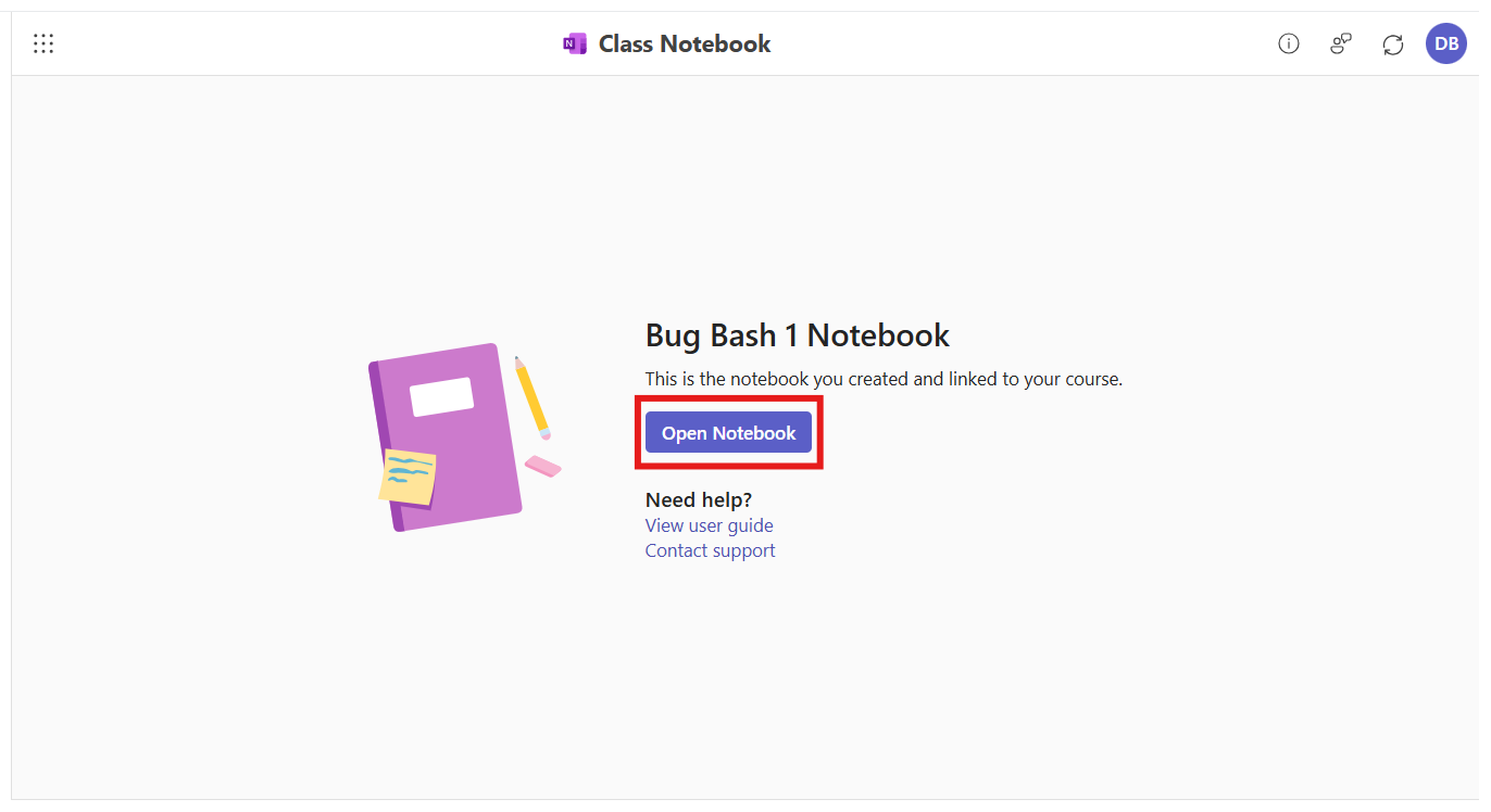The Class Notebook app is open in the M365 LTI integration. The user is prompted to launch their newly created notebook