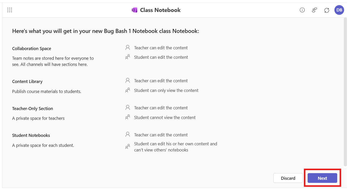 The Class Notebook app is open in the M365 LTI integration. The user is prompted to review the notebook outline