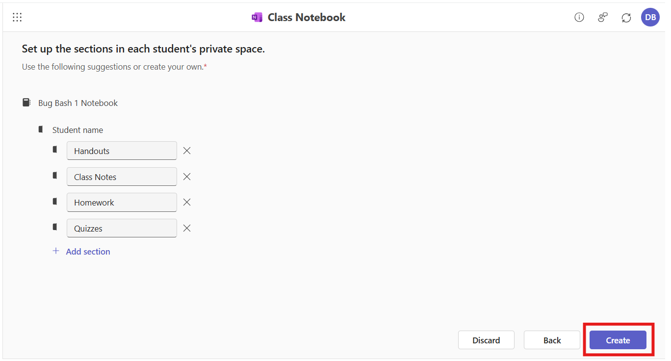 The Class Notebook app is open in the M365 LTI integration. The user is prompted to edit and review the names of each section in the notebook