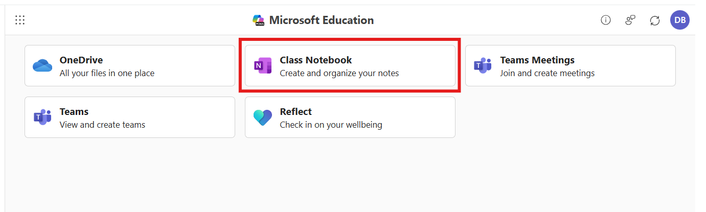 The Microsoft 365 LTI app with Class Notebook selected