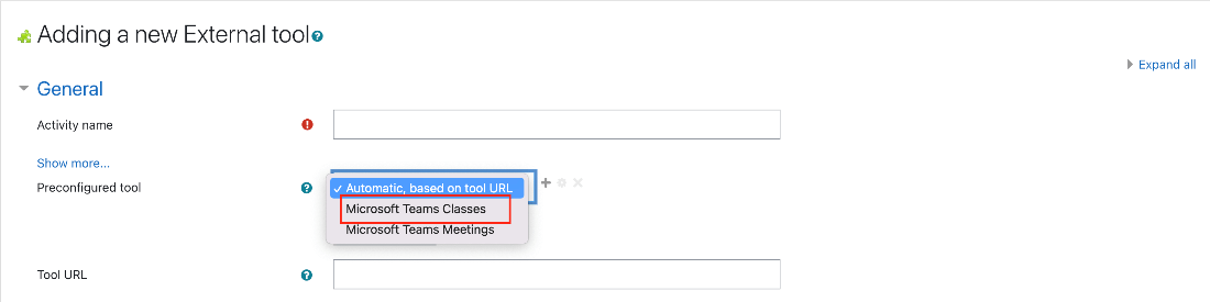 Screenshot of Moodle, adding a preconfigured tool