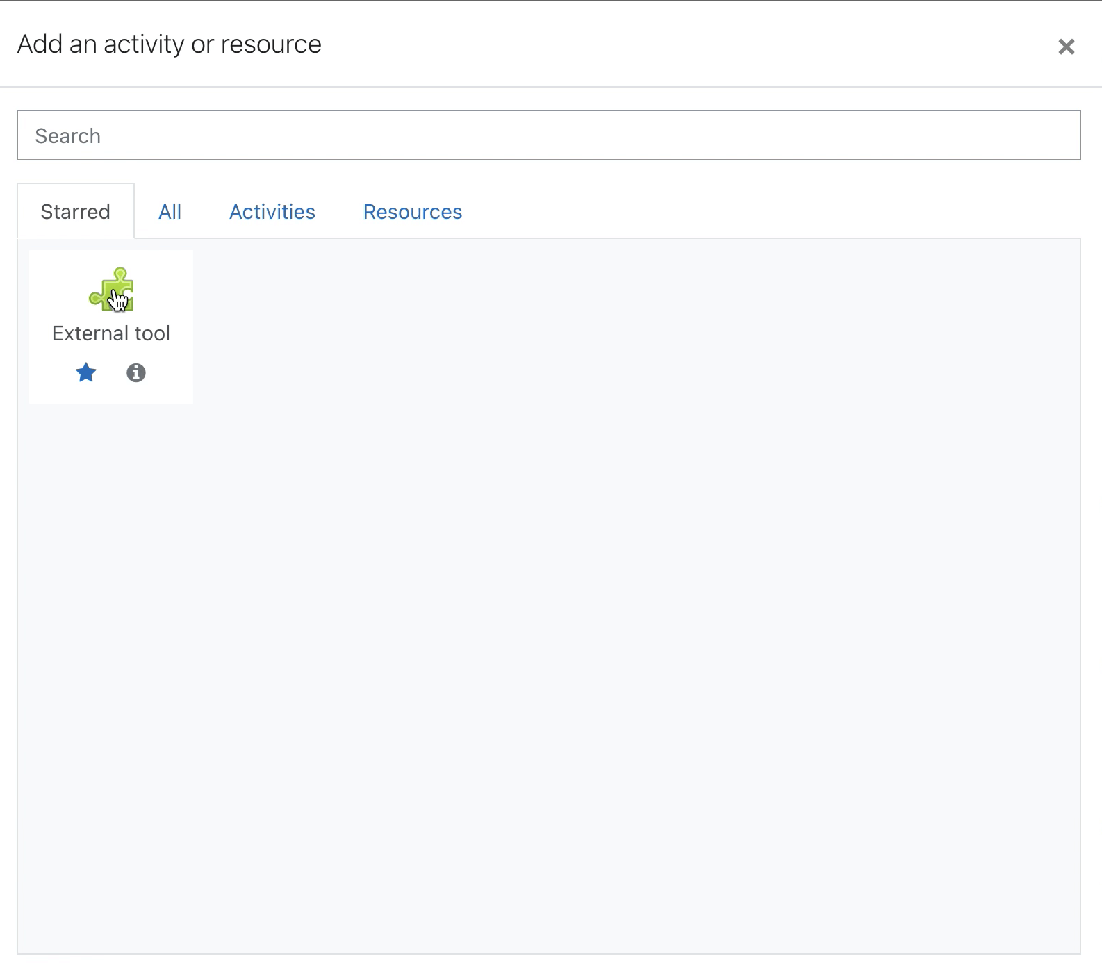 Screenshot of Moodle, selecting external tool