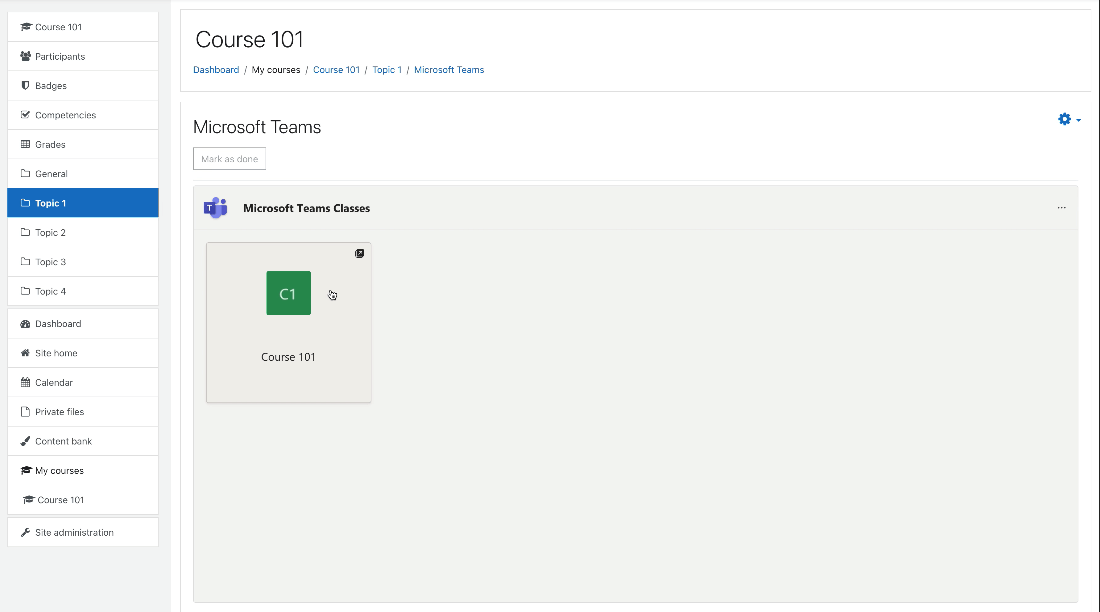 Screenshot of Moodle, selecting the Class Team