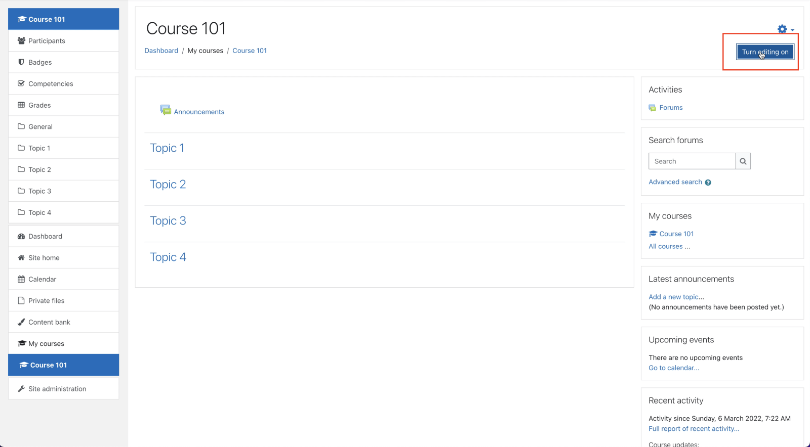Screenshot of Moodle, turning editing on in the top right corner
