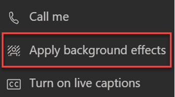 Screenshot that shows Apply background effects option in Teams.