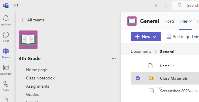 Screenshot that shows class materials.