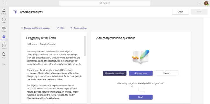 Screenshot of comprehension question generation.