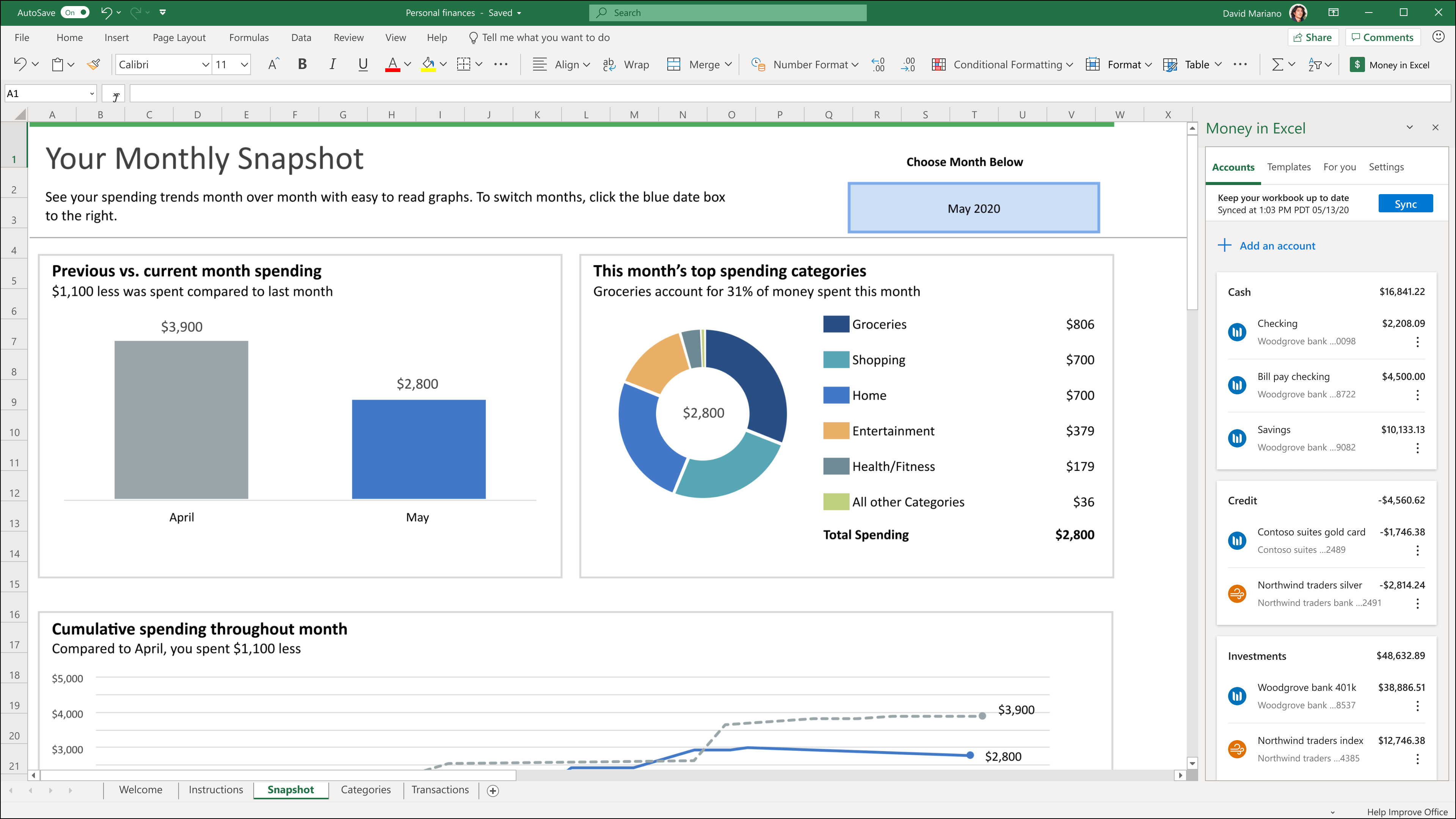 The Snapshot sheet in Money in Excel.
